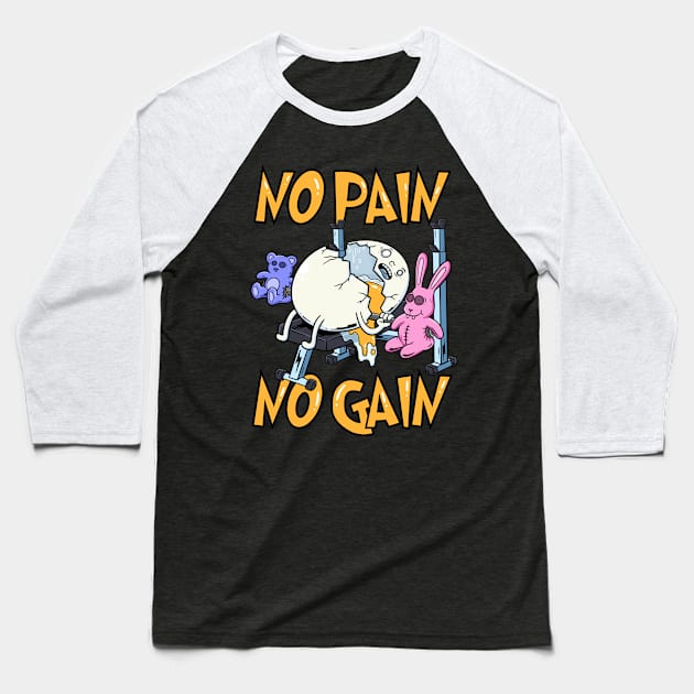 Egg-cel in the Gym: No Pain, No Gain, All Laughs Baseball T-Shirt by Holymayo Tee